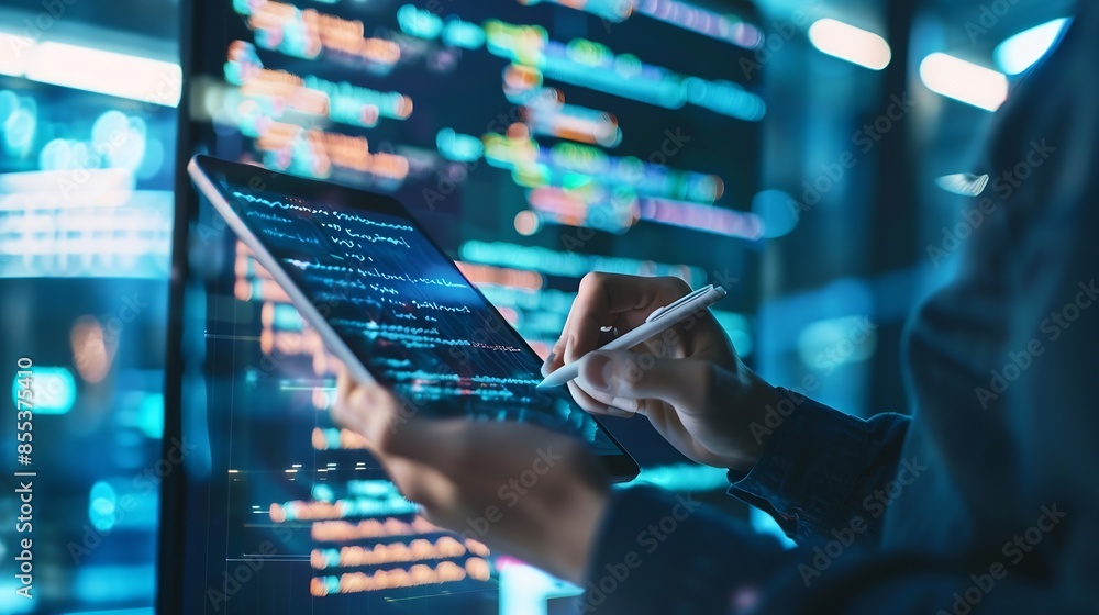 Aufkleber Software engineer using digital tablet with cyber security network computer code on virtual screen interface Data science machine learning of artificial intelligence digital software d : Generative AI