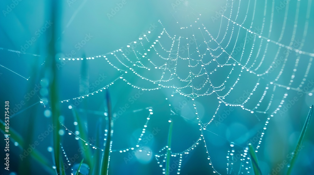 Aufkleber beautiful natural background with necklace of water droplets on a cobweb in grass in spring of summe