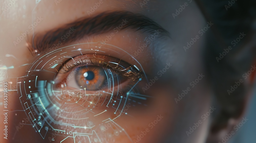 Poster facial and iris recognition technology woman with digital biometric scan on eye closeup : generative