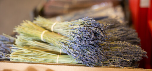 Bundles of fragrant blooming Mediterranean lavender sprigs with delicate purple flowers and sweet floral scent lying on market stall..