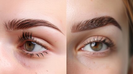 Obraz premium Beauty Close Up Womans Eyebrows Before And After Correction Difference Between Female Face With And Without Permanent Makeup : Generative AI