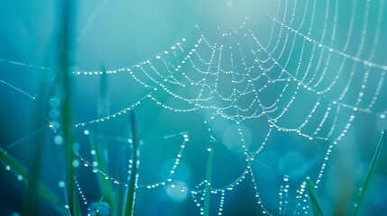 Naklejka premium Beautiful natural background with necklace of water droplets on a cobweb in grass in spring of summer in blue tones Texture Dew drops on a spider web in nature closeup macro with soft : Generative AI