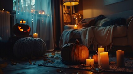 Obraz premium Interior of dark living room with Halloween pumpkins and burning candles : Generative AI