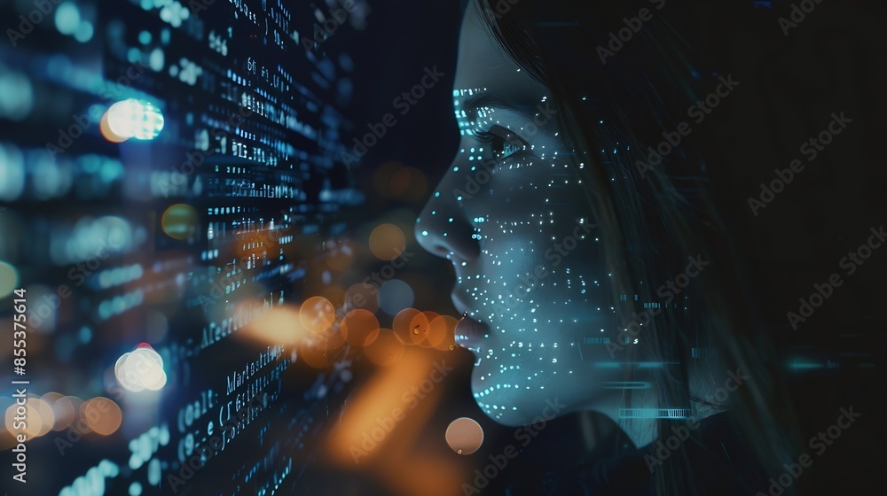 Fototapete Computer code hologram and woman thinking of data analytics information technology or software overlay at night Laptop solution and IT people with algorithm statistics and cybersecurit : Generative AI