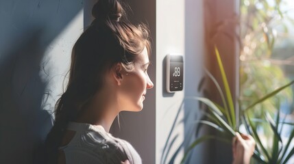 Girl looking at smart thermostat at home checking heating temperature Concept of sustainable efficient and smart technology in home heating and thermostats : Generative AI