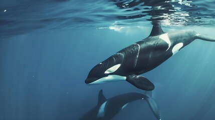 Obraz premium A magnificent baby killer whale swims up close to his mothers body in closeup : Generative AI