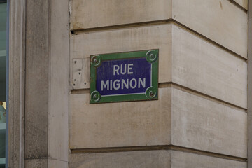 old street name sign from Paris, FRance ,rue Mignon