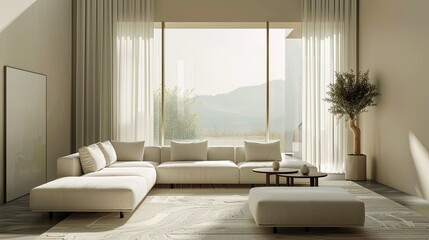 Fototapeta premium Clean and uncluttered room layout featuring minimalist sofa furniture, perfect for minimalist lifestyle and home decor themes.