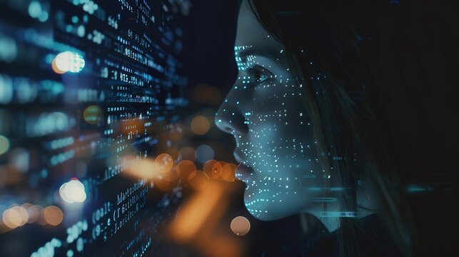 Computer code hologram and woman thinking of data analytics information technology or software overlay at night Laptop solution and IT people with algorithm statistics and cybersecurit : Generative AI