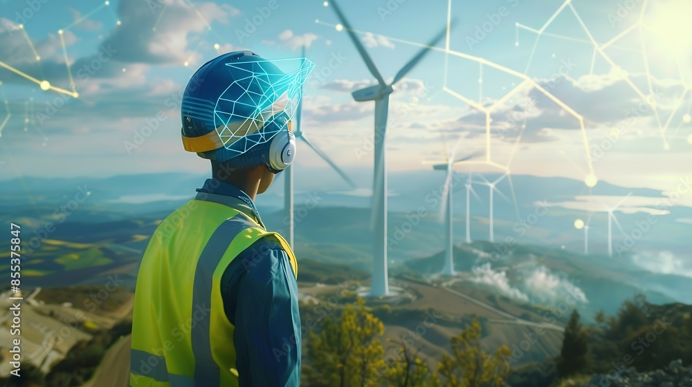 Poster Engineers use AI artificial intelligence to inspect wind turbines and analyze the data of the electricity generated using hologram HUD Clean energy technology and renewable energy : Generative AI