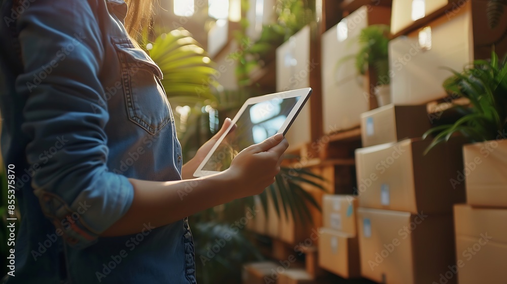 Leinwandbilder tablet woman and online stock check with shipping company logistics and e commerce with tech digital