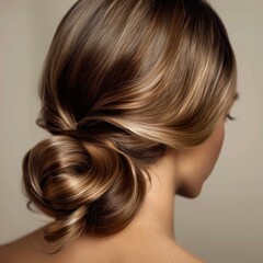 Fototapeta premium Close-up of a woman's back with beautifully styled and shiny hair in a studio, beauty and hair care