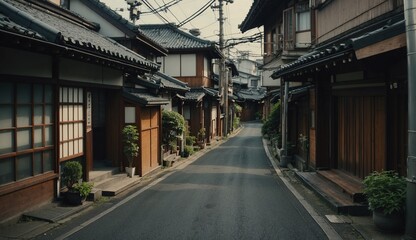 Traditional Japanese street with wooden houses