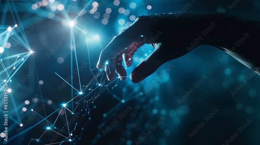 Poster Digital cyber era technology concept Human hand touching interconnected polygons of massive amounts of data glowing on a dark blue background New innovations that are coming to change  : Generative AI