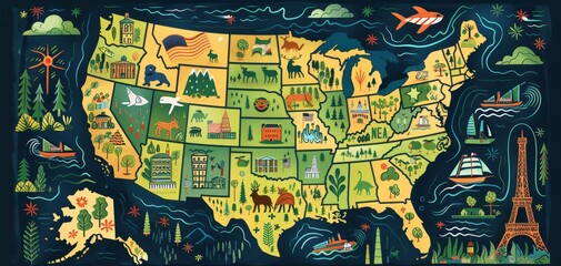Naklejka premium United States flat design top view Historic cartoon drawing Analogous Color Scheme
