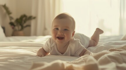 Fototapeta premium Adorable confident baby happily smiling lying on bedroom bed enjoying funny morning relaxation indoor at home : Generative AI