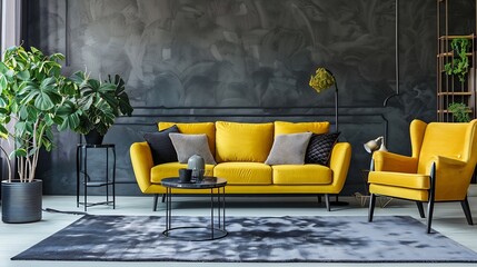 Interior of modern living room with stylish carpet yellow sofa and armchair : Generative AI