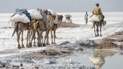 Djibouti at the salt lake Assal salt is transported after harves by dromadaries : Generative AI