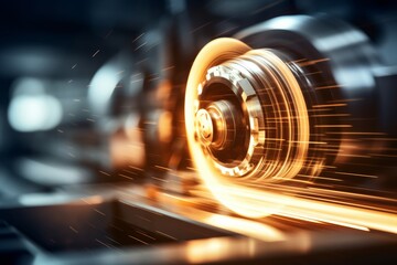 Cnc lathe tool spinning fast, cutting edge glowing, sharp in focus for precise machining