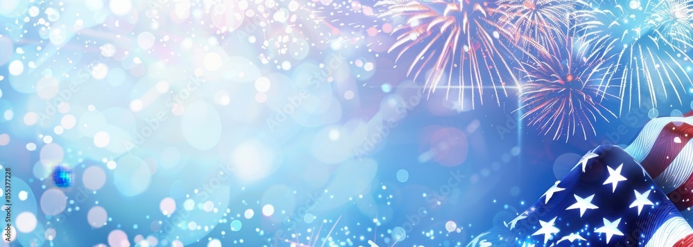 Poster a background with an american flag and fireworks in a blue color theme, for a background generative 