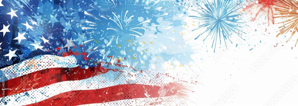 Poster a background with an american flag and fireworks in a blue color theme, for a background generative 