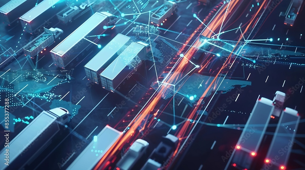 Poster Transportation and logistics network distribution technology concept Using AI in logistics and supply chain management Planning with real time visibility and control over optimized sup : Generative AI