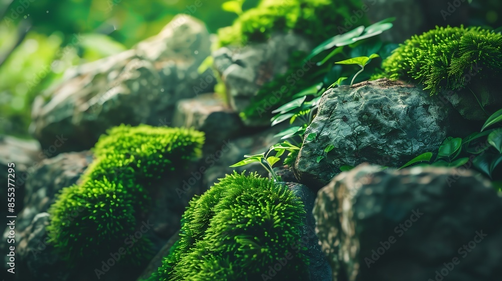 Poster beautiful bright green moss grown up cover the rough stones and on the floor in the forest show with