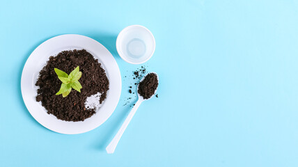 Plastic white plate with black earth, green sprout, empty glass and spoon with soil on a blue .