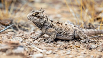 Fototapeta premium A young regal horned lizard Phrynosoma solare in natural habitat as found on rocky ground with spring vegetative growth in Pima County Arizona USA : Generative AI