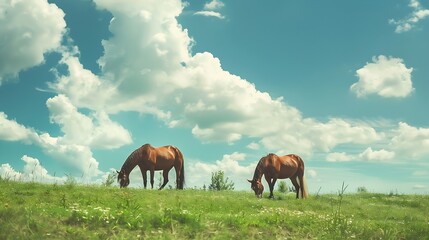 Naklejka premium Horses grazing in an open field under fluffy white clouds : Generative AI