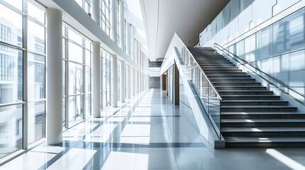 Obraz premium A wide staircase along the large windows in an office building Modern interior of the lobby of an office building with large spacious windows Illuminated long corridor in a modern busi : Generative AI