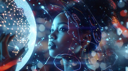 Young black woman operating holographic screen and global communication network concept Wide angle visual for banners or advertisements : Generative AI