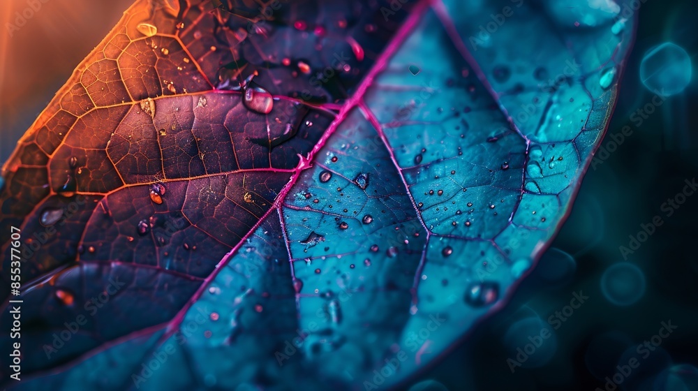 Aufkleber Close up Beautiful faded old leaf in neon light Minimalism retro style concept 80s Background pattern for design Macro photography view : Generative AI