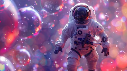 A suited astronaut floats in a dreamy, colorful space environment with vibrant bokeh lights and floating spheres.