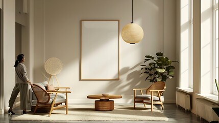 Warm and cozy interior of living room space with mock up poster frame round table chairs pedant lamp rattan chairs and walking young woman Minimalist home decor Template : Generative AI