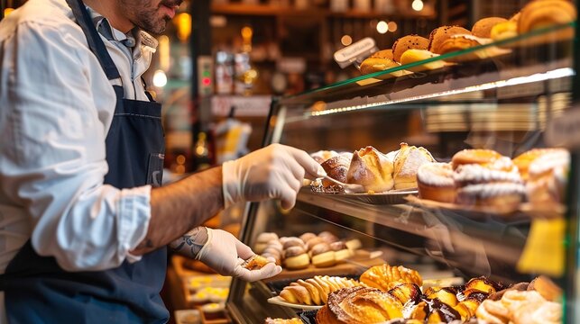 Seller giving customer fresh pastries in bakery shop : Generative AI