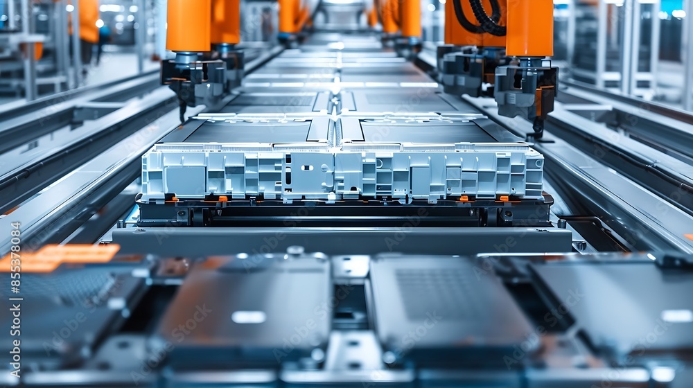 Poster modern ev factory on automated production line robot arms transporting automotive battery modules on