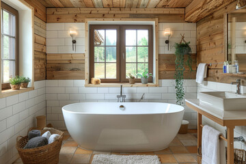 White and Wooden Bathroom with Tub and Sink