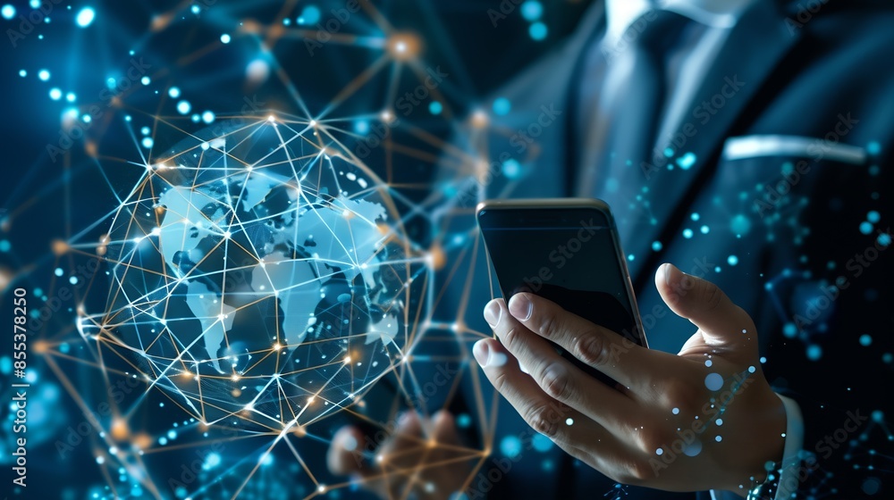 Poster Businessman holding smartphone with virtual Global Internet connection Global internet connection application technology and digital marketing Financial and banking Digital link tech b : Generative AI