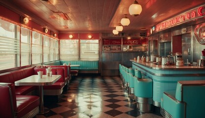 Retro diner interior with red and blue tones