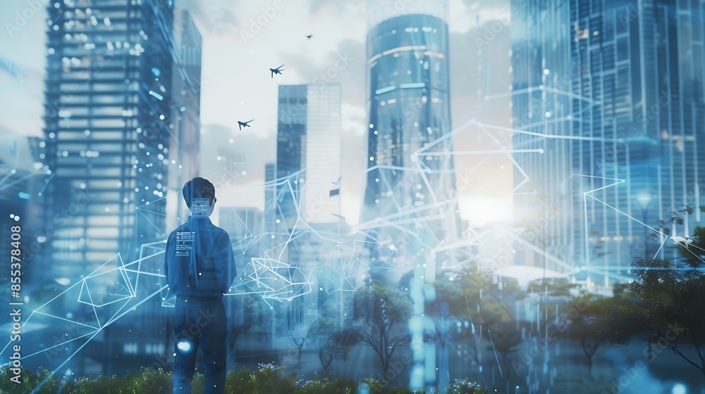 Poster engineering man use ai artificial intelligence to analyze data clean energy technology and renewable