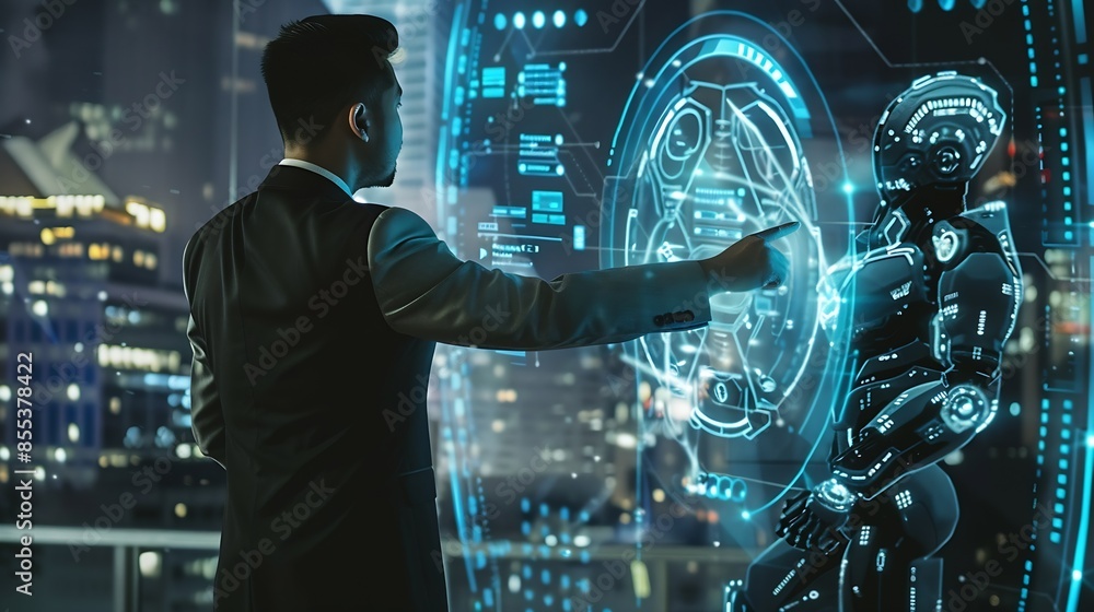 Aufkleber Ai tech businessman show virtual graphic Global Internet connect robot Chat with AI Artificial Intelligence Using command prompt for generates something Futuristic technology transform : Generative AI