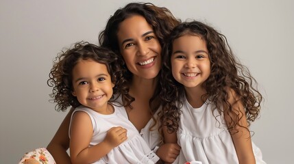 Obraz premium young latina mom sitting smiling and posing with her two beautiful young daughters with curly hair studio shot white background : Generative AI