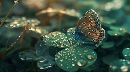 A butterfly sits on a clover leaf after morning rain Magical Butterfly close up butterfly wings are folded Harmony of nature Common blue butterfly in summer season Plebejus idas : Generative AI