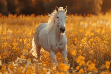 A beautiful white horse sprints across a verdant autumn field, showcasing its healthy and happy demeanor.