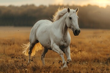 A beautiful white horse sprints across a verdant autumn field, showcasing its healthy and happy demeanor.