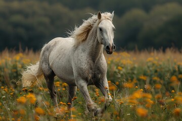 A beautiful white horse sprints across a verdant autumn field, showcasing its healthy and happy demeanor.