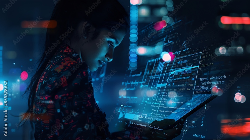 Fototapete Thinking code hologram and woman with tablet data analysis digital technology and software overlay at night Programmer or Indian person with 3d screen programming stats and cybersecuri : Generative AI