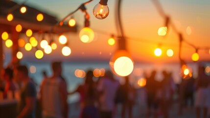 A beach party scene during sunset, featuring string lights illuminating the gathering with a vibrant and warm atmosphere.