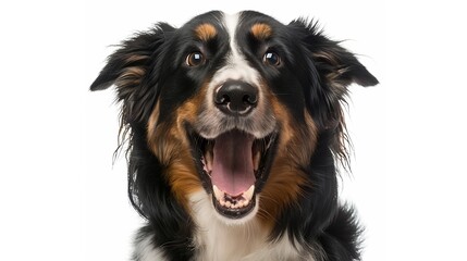 Fototapeta premium Black Tricolor Australian Shepherd panting mouth open and looking at the camera isolated on white : Generative AI